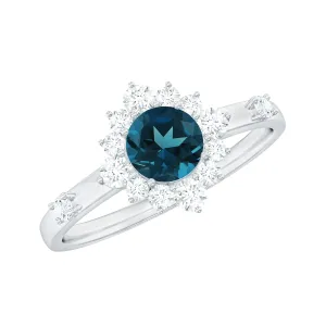 1 CT Round London Blue Topaz and Diamond Halo Engagement Ring