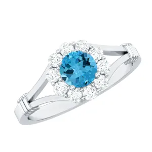 1 CT Swiss Blue Topaz and Diamond Halo Split Shank Ring