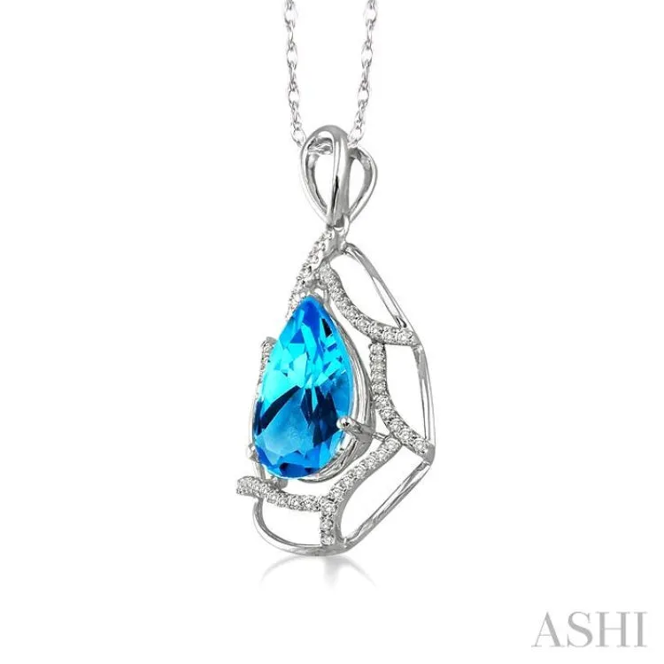 10x7mm Pear Shape Blue Topaz and 1/5 Ctw Round Cut Diamond Semi Precious Pendant in 14K White Gold with Chain