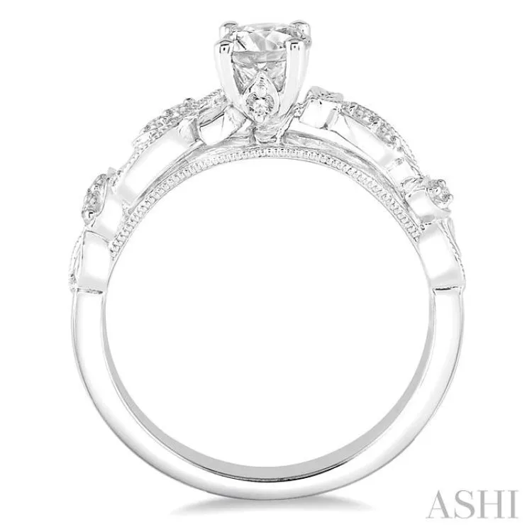 1/10 Ctw Round Semi-Mount Leaf Motif Engagement Ring in 14K White Gold