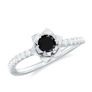 1/2 CT Black Spinel and Diamond Flower Engagement Ring