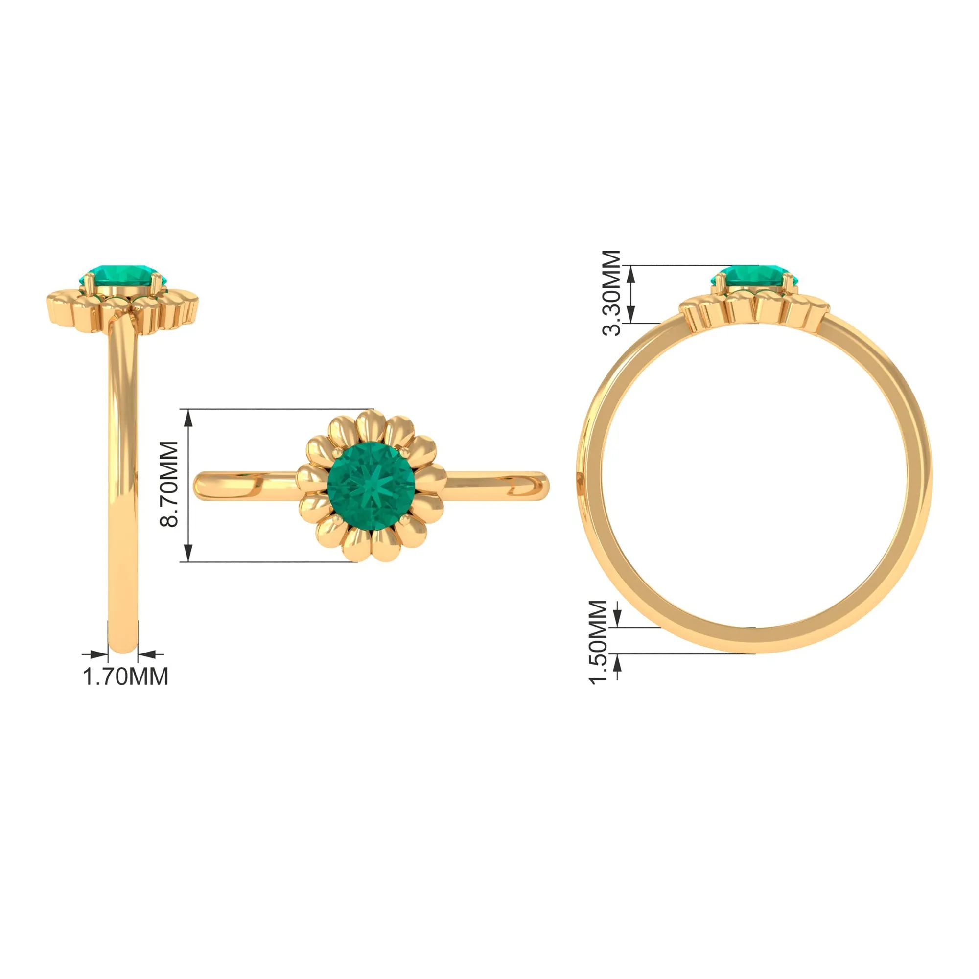 1/2 CT Round Cut Solitaire Emerald Gold Flower Ring