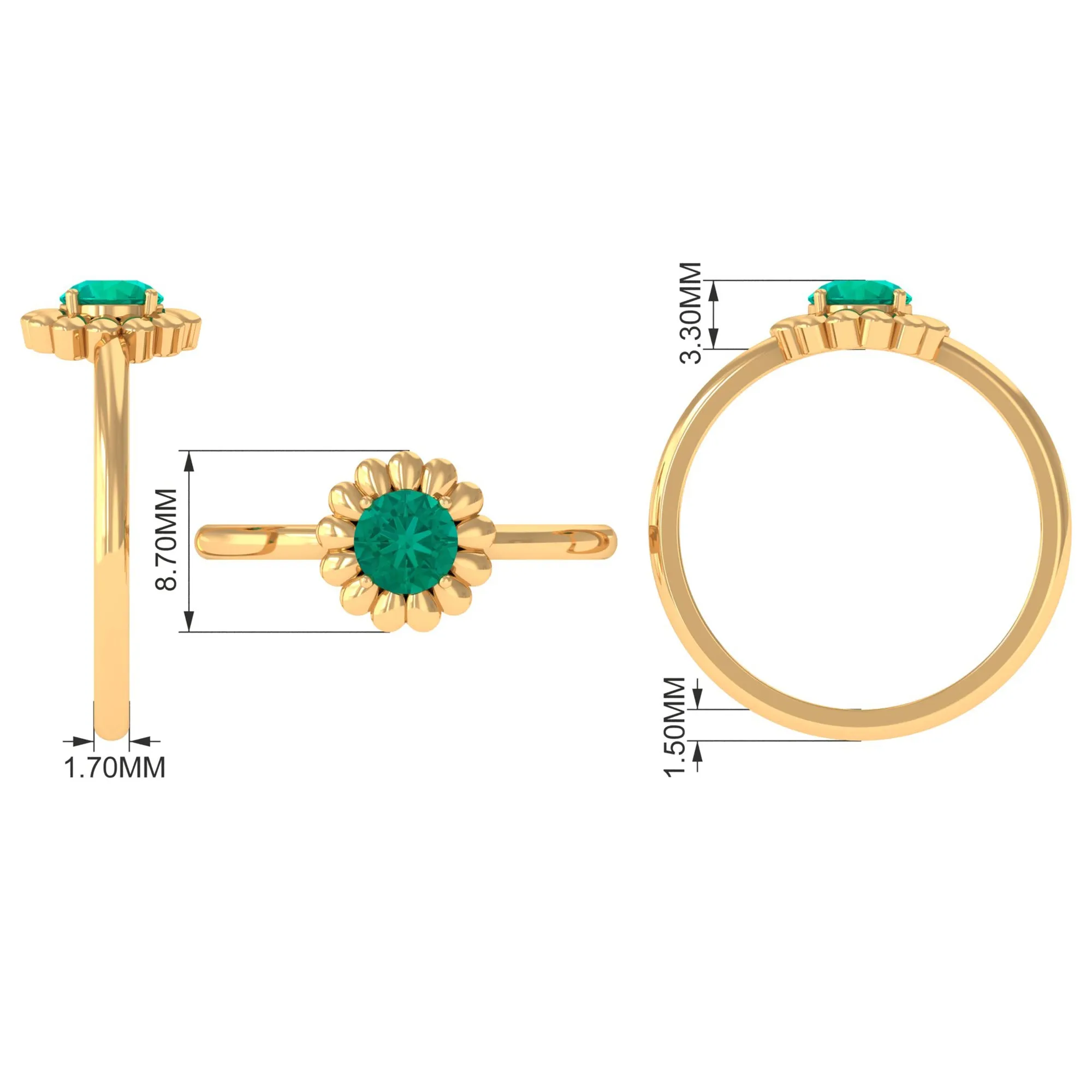 1/2 CT Round Cut Solitaire Emerald Gold Flower Ring