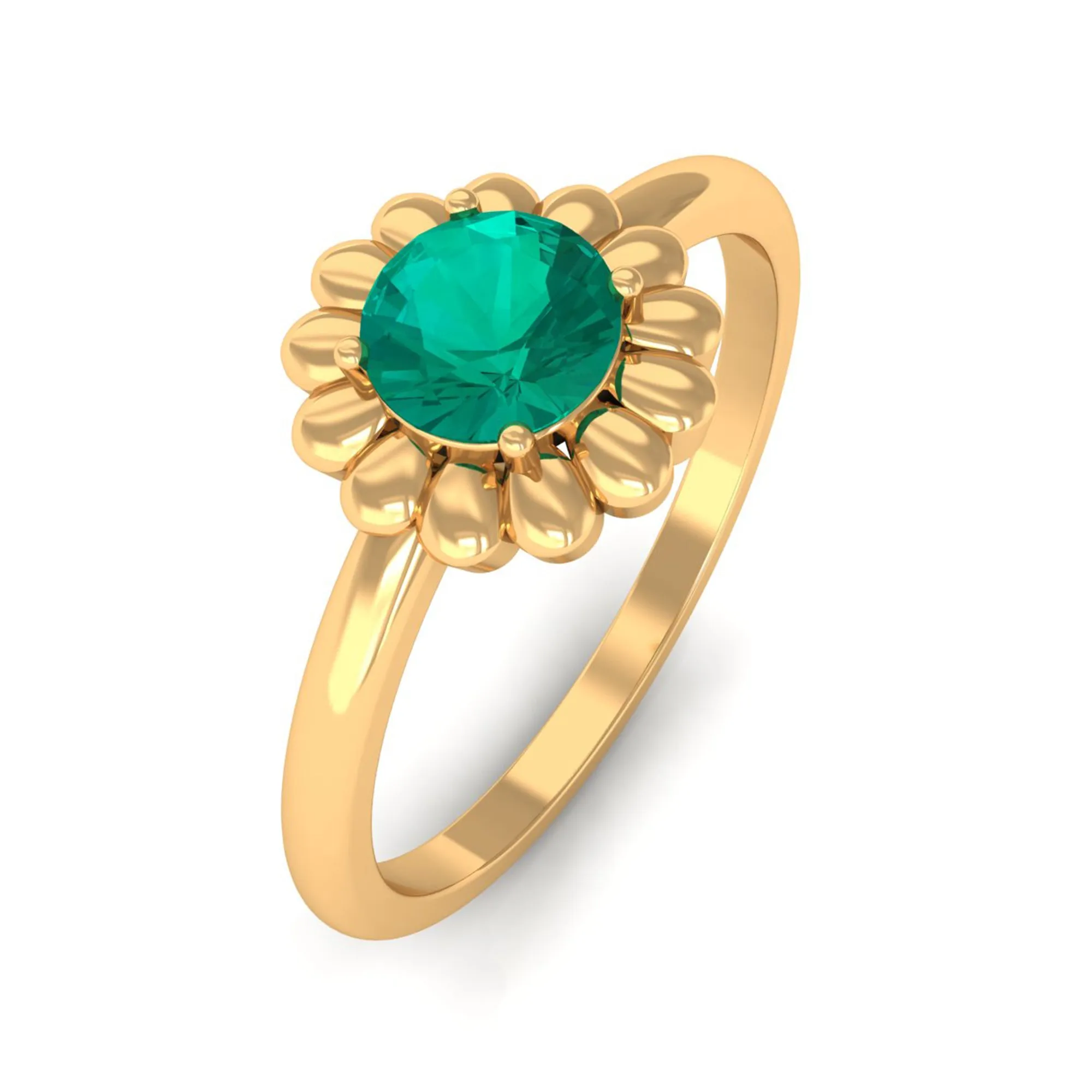 1/2 CT Round Cut Solitaire Emerald Gold Flower Ring