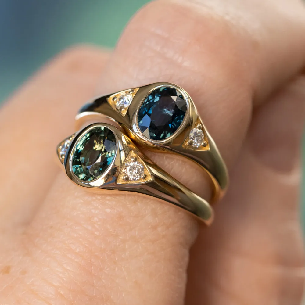 1.26ct Oval Green Untreated Montana Sapphire Signet Style Ring with Diamonds in 14k Yellow Gold