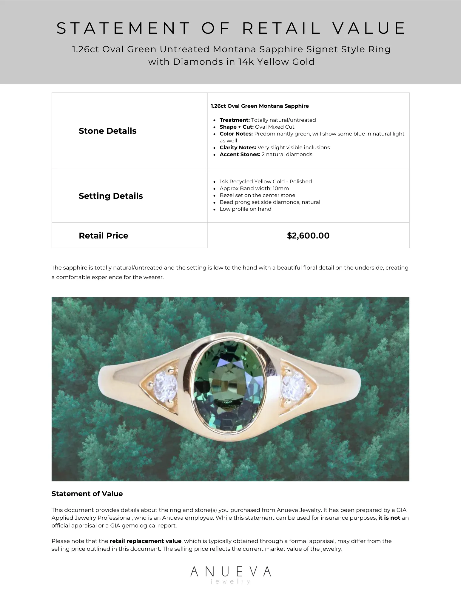 1.26ct Oval Green Untreated Montana Sapphire Signet Style Ring with Diamonds in 14k Yellow Gold