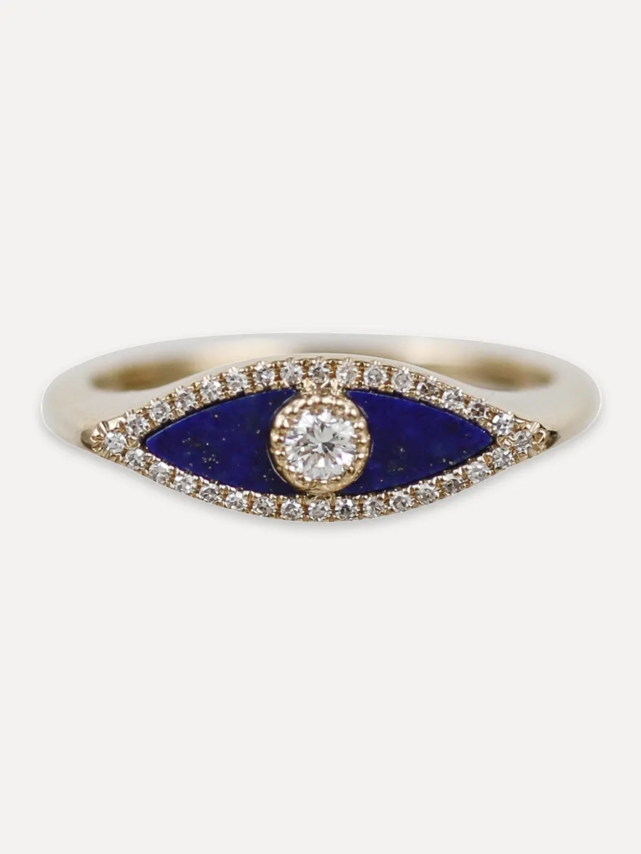 14K Eye Signet Ring - Lapis & Diamond