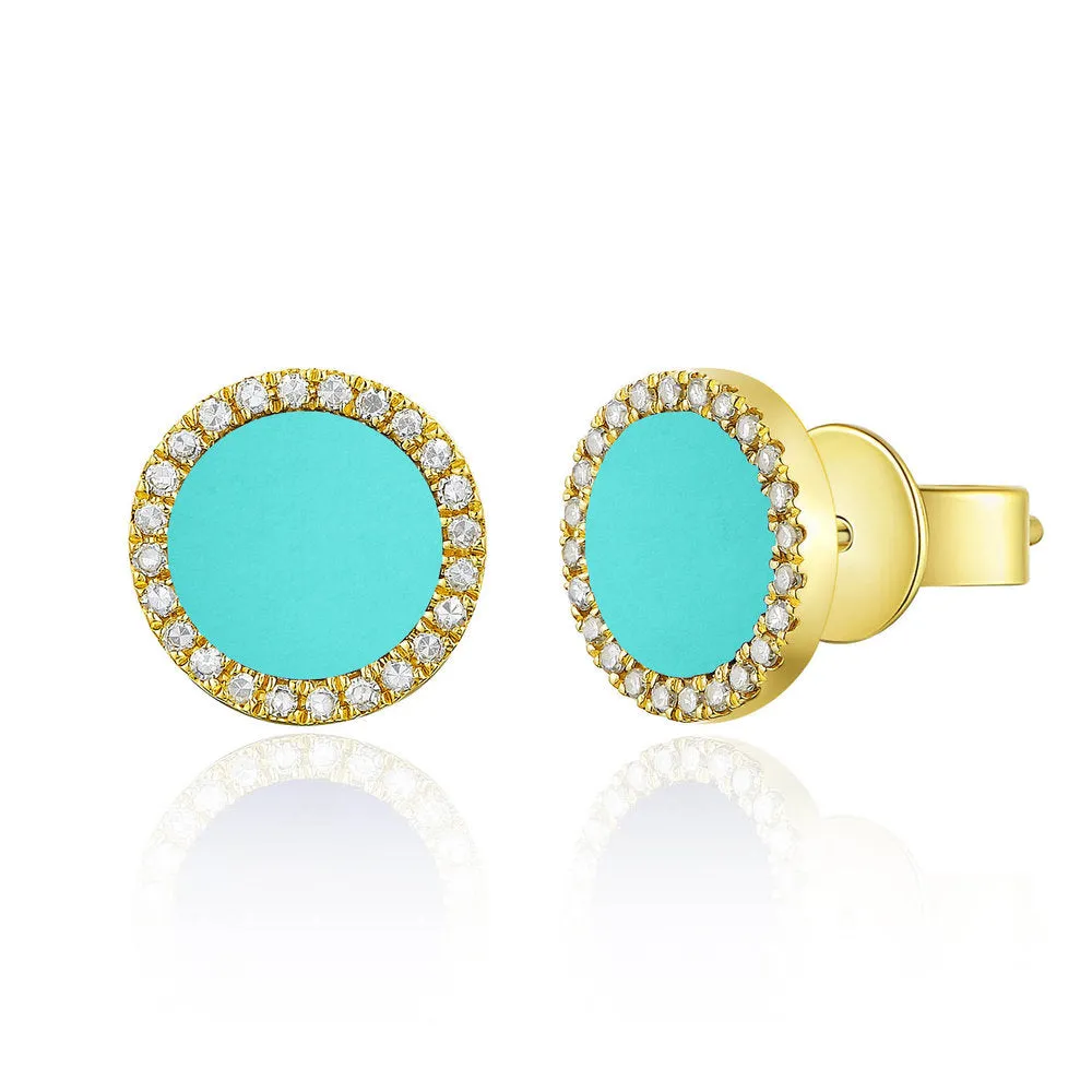 14k Gold & Diamond Turquoise Stud Earrings - 0.10ct