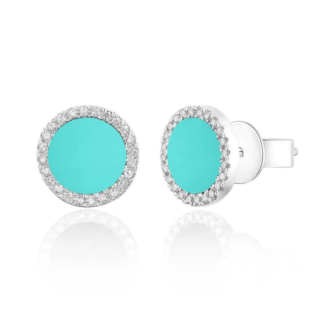 14k Gold & Diamond Turquoise Stud Earrings - 0.10ct