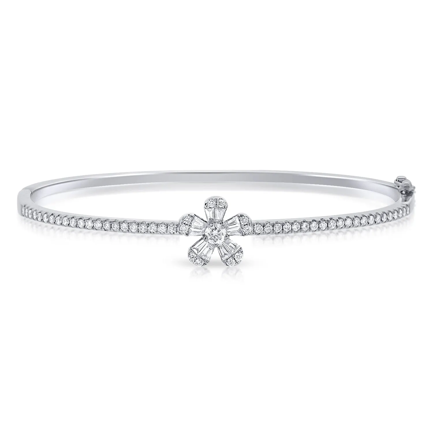 14K Gold Baguette Diamond Flower Bangle