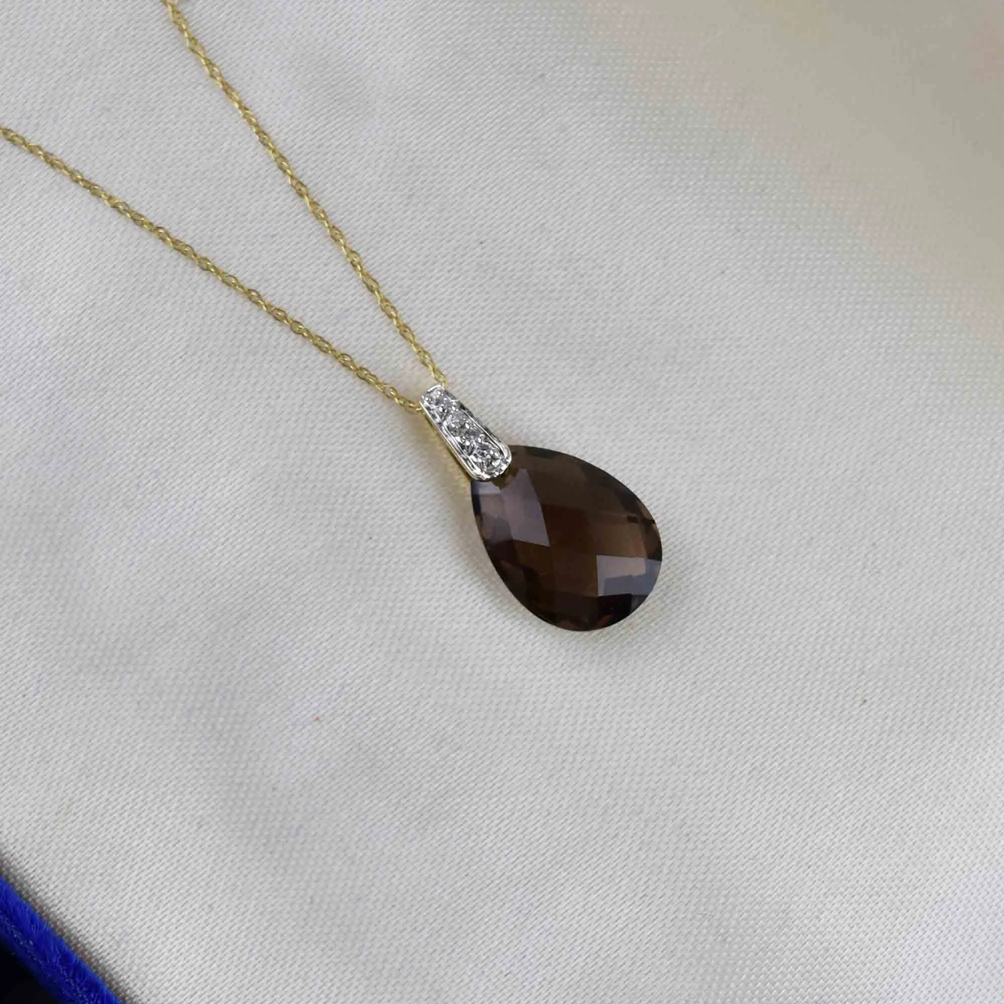 14K Gold Pear Cut Smoky Quartz Diamond Pendant Necklace