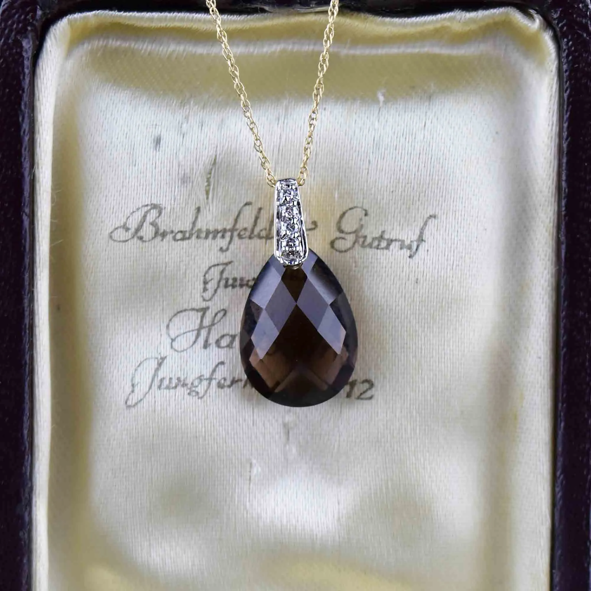 14K Gold Pear Cut Smoky Quartz Diamond Pendant Necklace