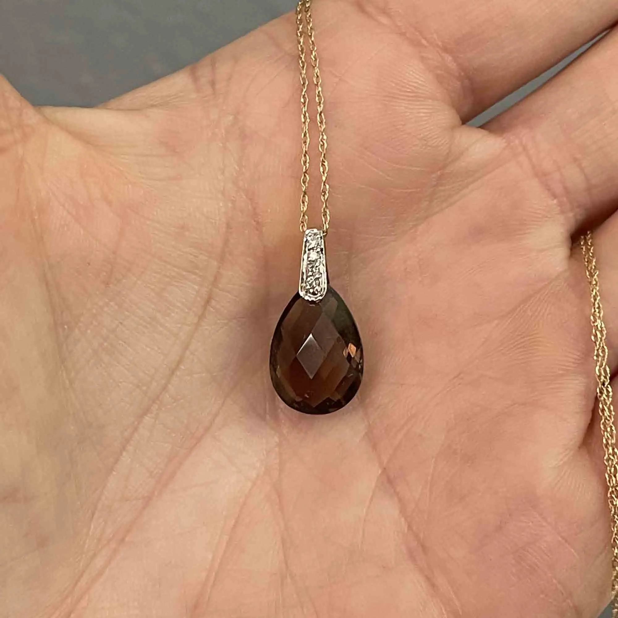 14K Gold Pear Cut Smoky Quartz Diamond Pendant Necklace