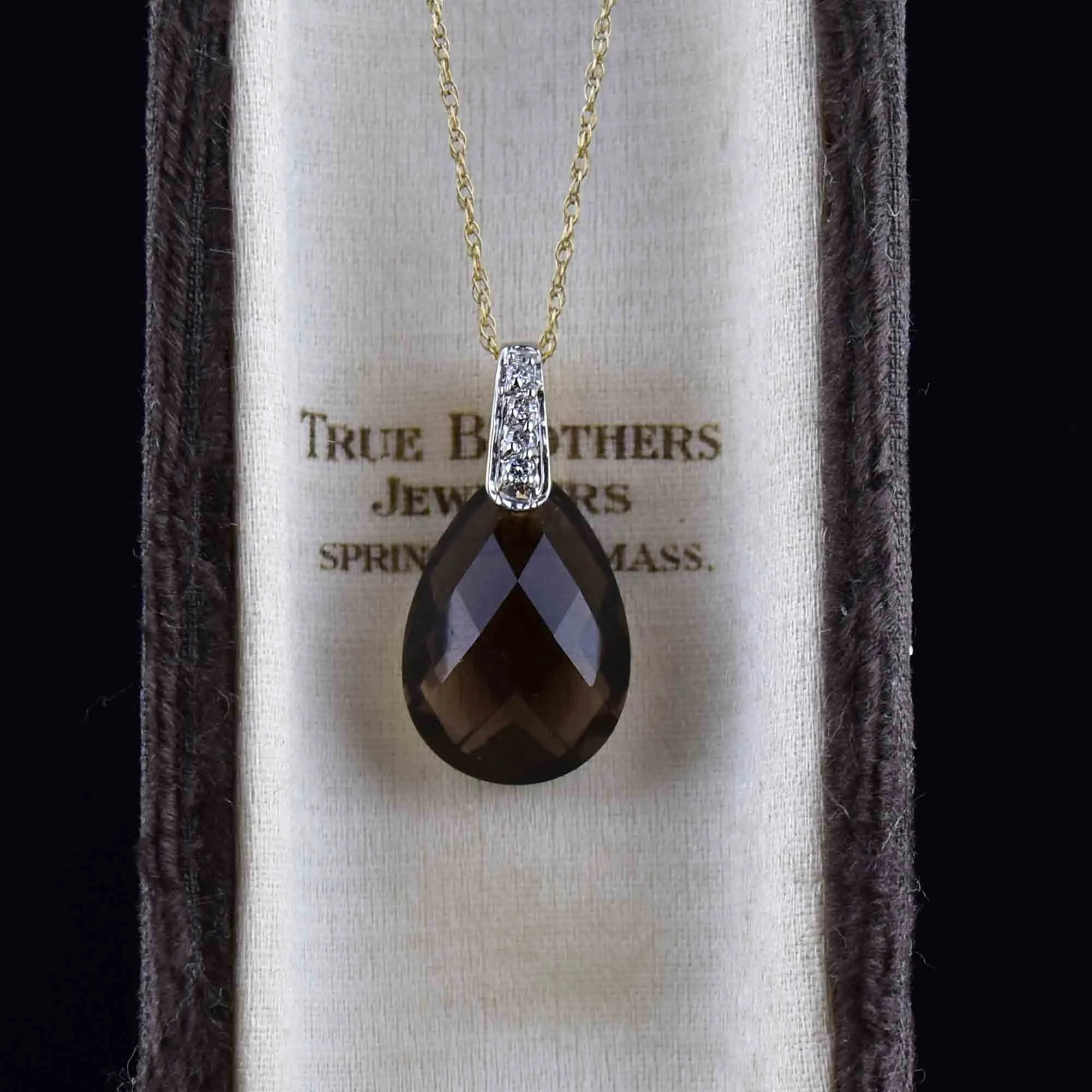 14K Gold Pear Cut Smoky Quartz Diamond Pendant Necklace