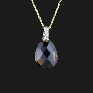 14K Gold Pear Cut Smoky Quartz Diamond Pendant Necklace