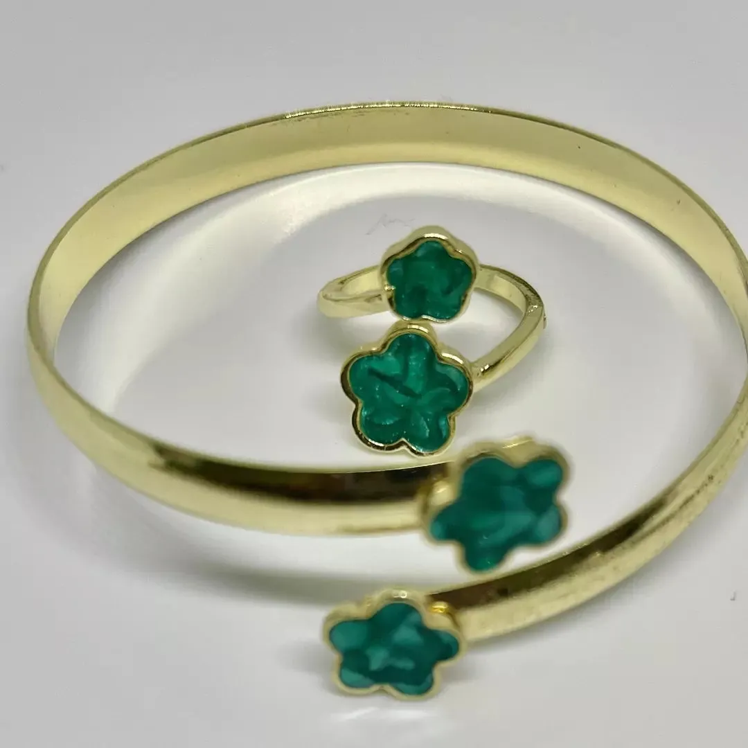 14k golden plated, green color, Clover complete Jewellery set (5pcs)