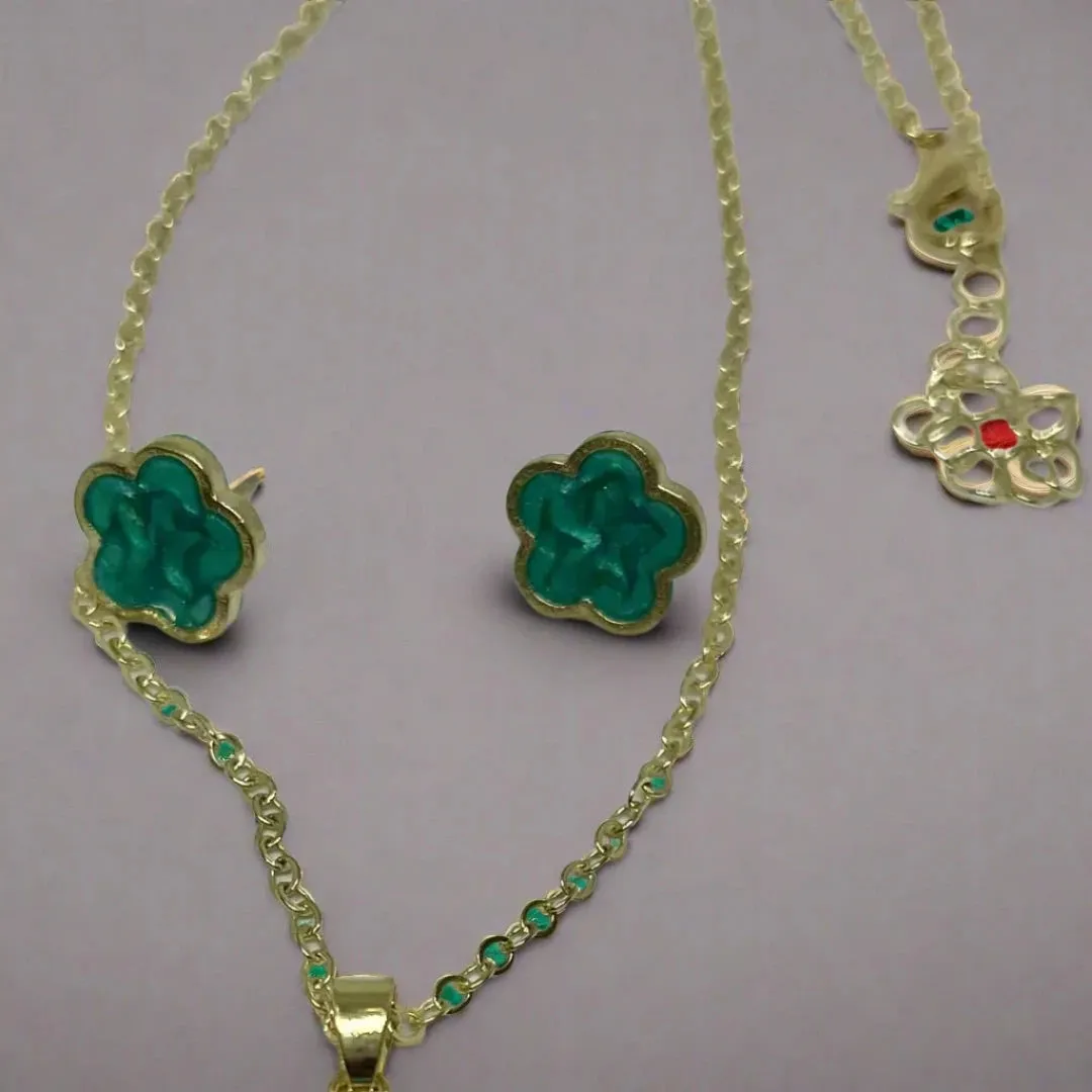 14k golden plated, green color, Clover complete Jewellery set (5pcs)