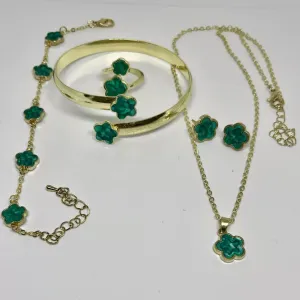 14k golden plated, green color, Clover complete Jewellery set (5pcs)