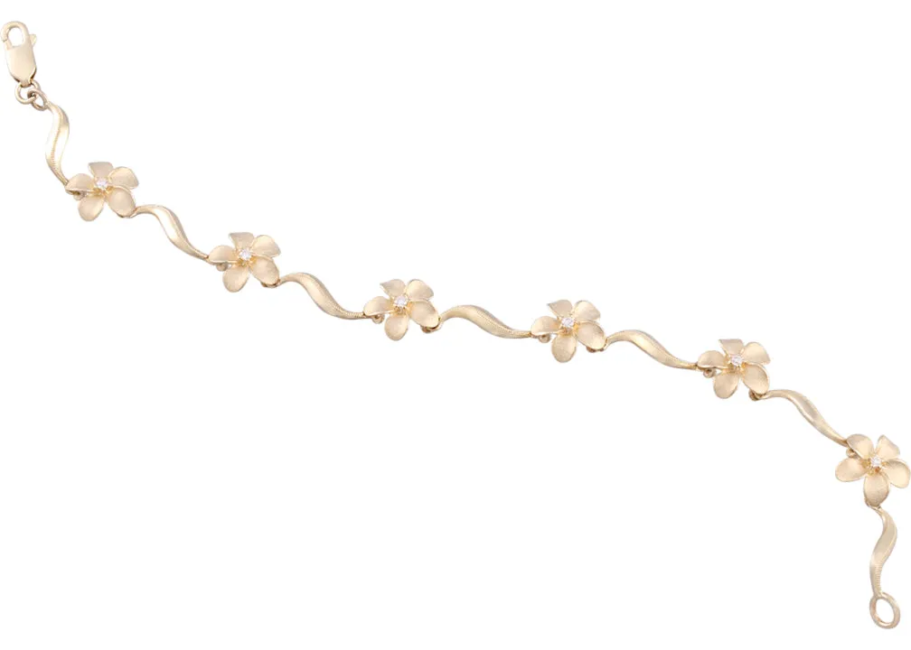 14k Plumeria Bracelet with 6 Diamonds