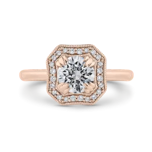 14K Rose Gold Round Diamond Halo Engagement Ring with Euro Shank (Semi Mount)