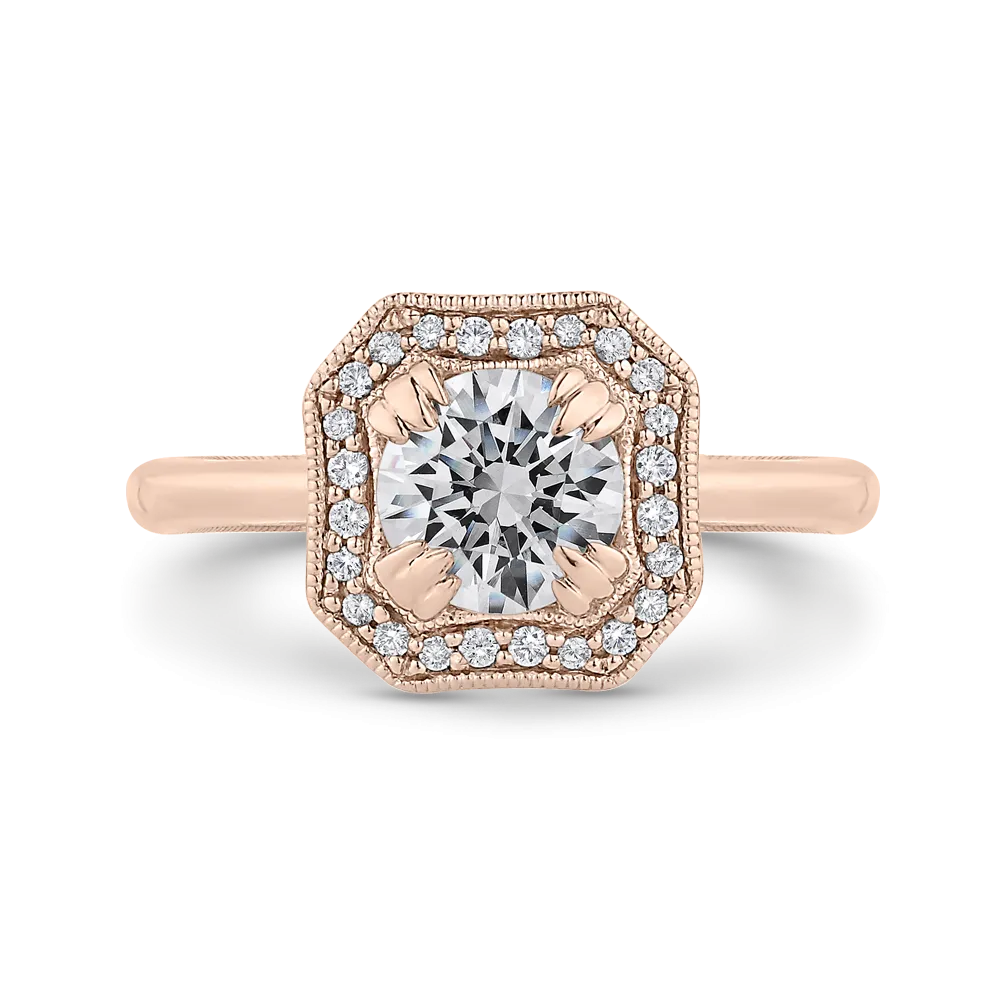 14K Rose Gold Round Diamond Halo Engagement Ring with Euro Shank (Semi Mount)