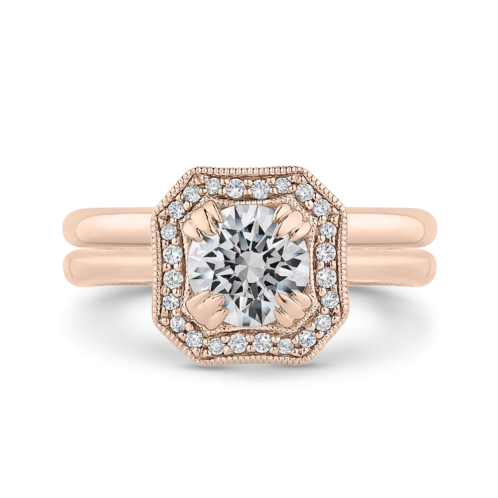 14K Rose Gold Round Diamond Halo Engagement Ring with Euro Shank (Semi Mount)