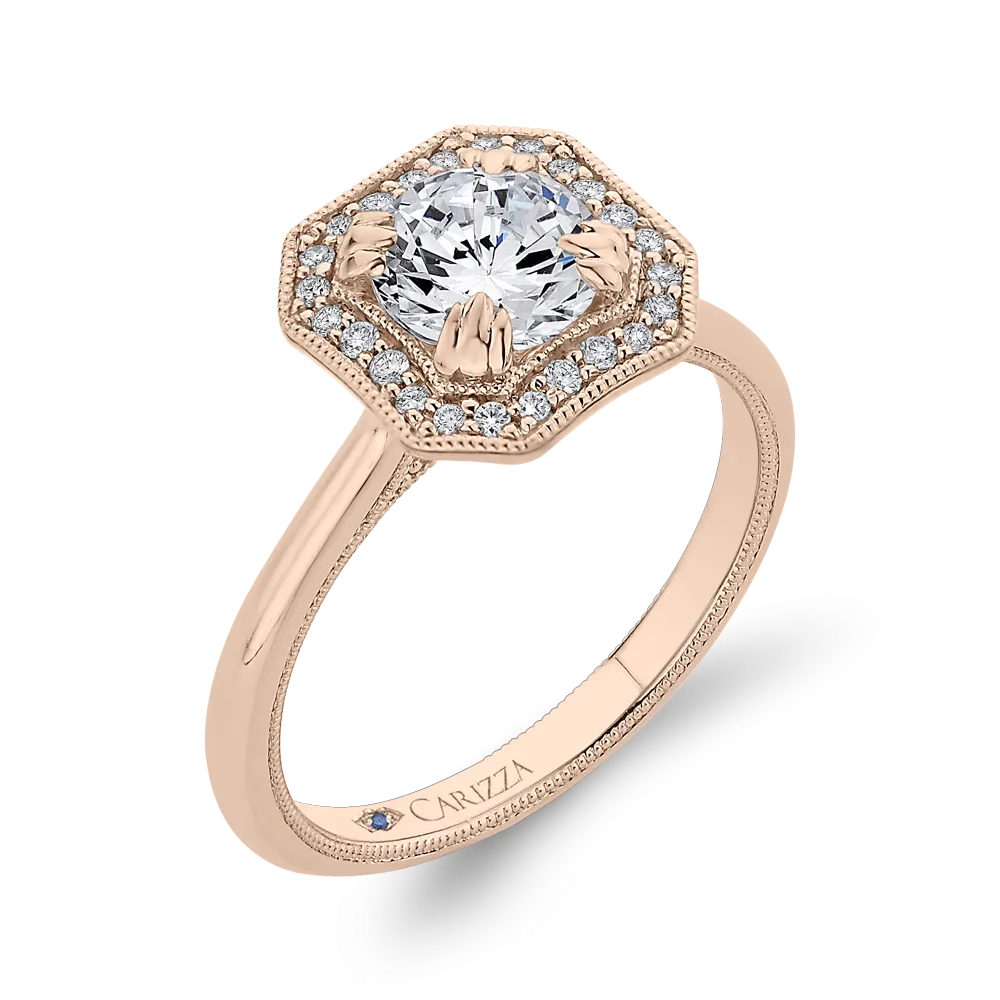 14K Rose Gold Round Diamond Halo Engagement Ring with Euro Shank (Semi Mount)