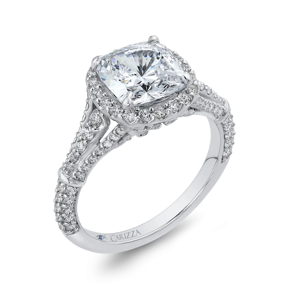 14K White Gold Cushion Diamond Halo Engagement Ring with Split Shank (Semi Mount)