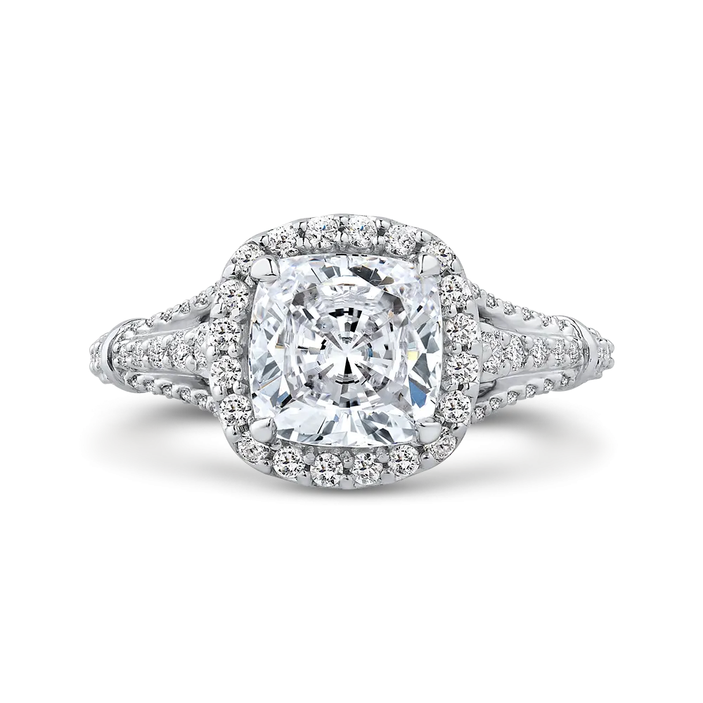 14K White Gold Cushion Diamond Halo Engagement Ring with Split Shank (Semi Mount)