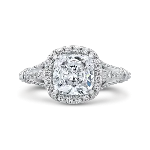 14K White Gold Cushion Diamond Halo Engagement Ring with Split Shank (Semi Mount)