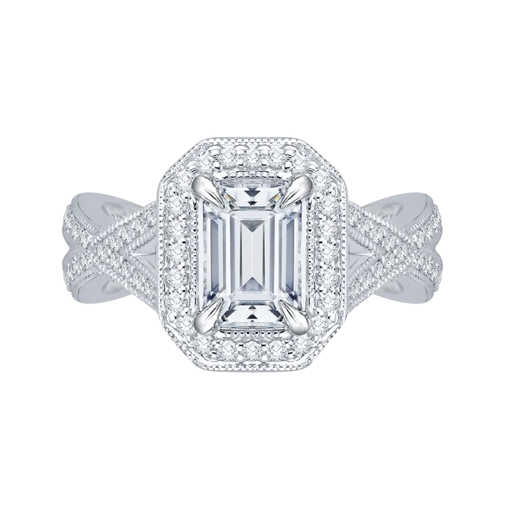 14K White Gold Emerald Cut Diamond Halo Engagement Ring with Split Shank (Semi Mount)