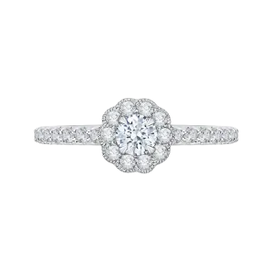 14K White Gold Round Halo Diamond Floral Engagement Ring