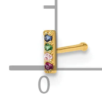 14k Yellow Gold  22 Gauge Multicolor CZ Bar Nose Stud