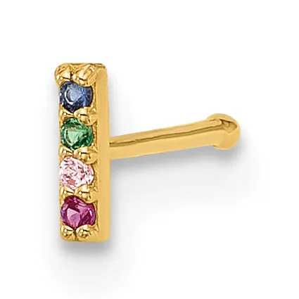 14k Yellow Gold  22 Gauge Multicolor CZ Bar Nose Stud