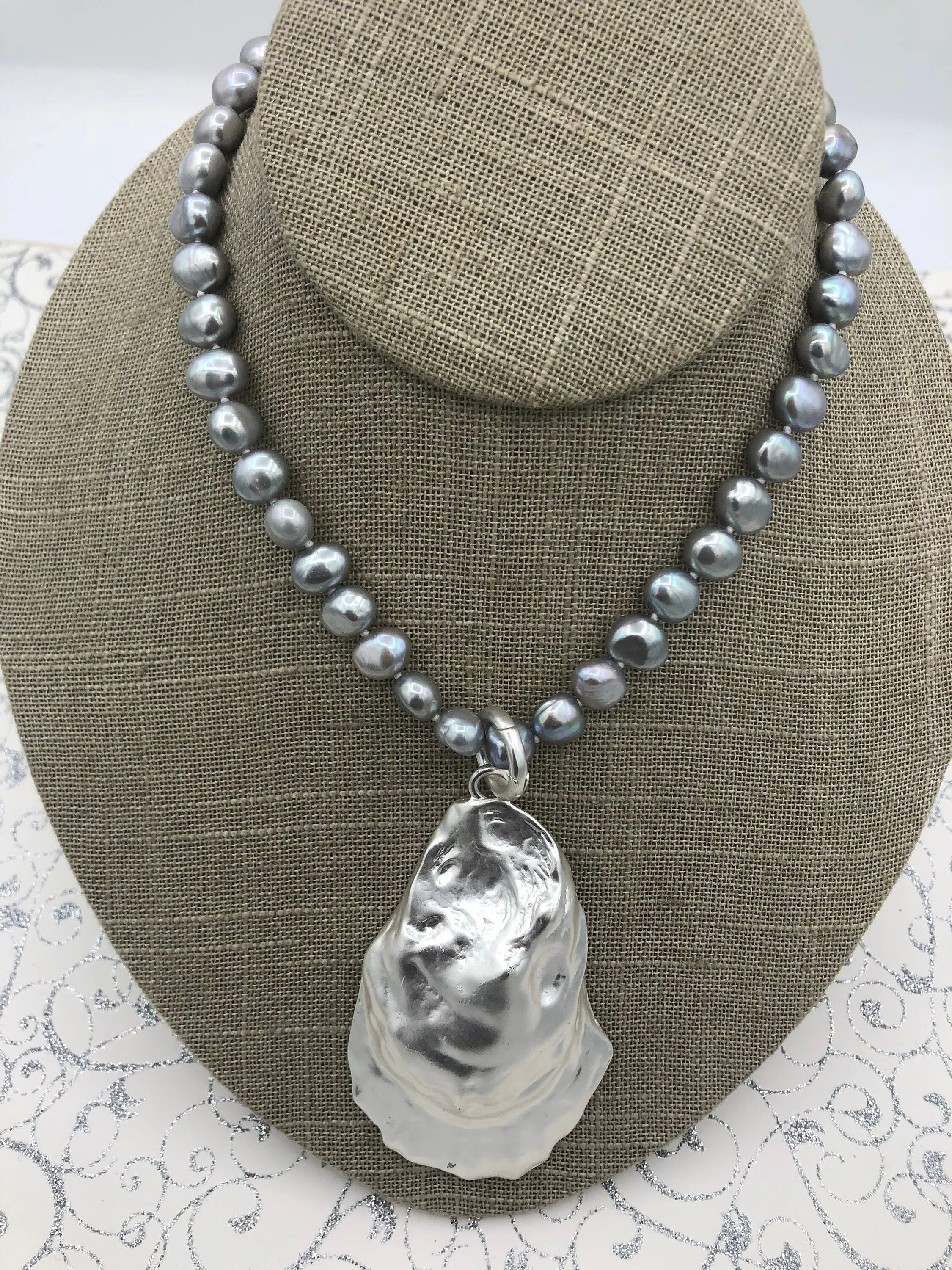 18'' AAA 8mm Gray Nugget Natural Freshwater Pearl Necklace, Silver Heart Clasp, Hand Knotted, High Luster Freshwater Pearl, Fast Shipping