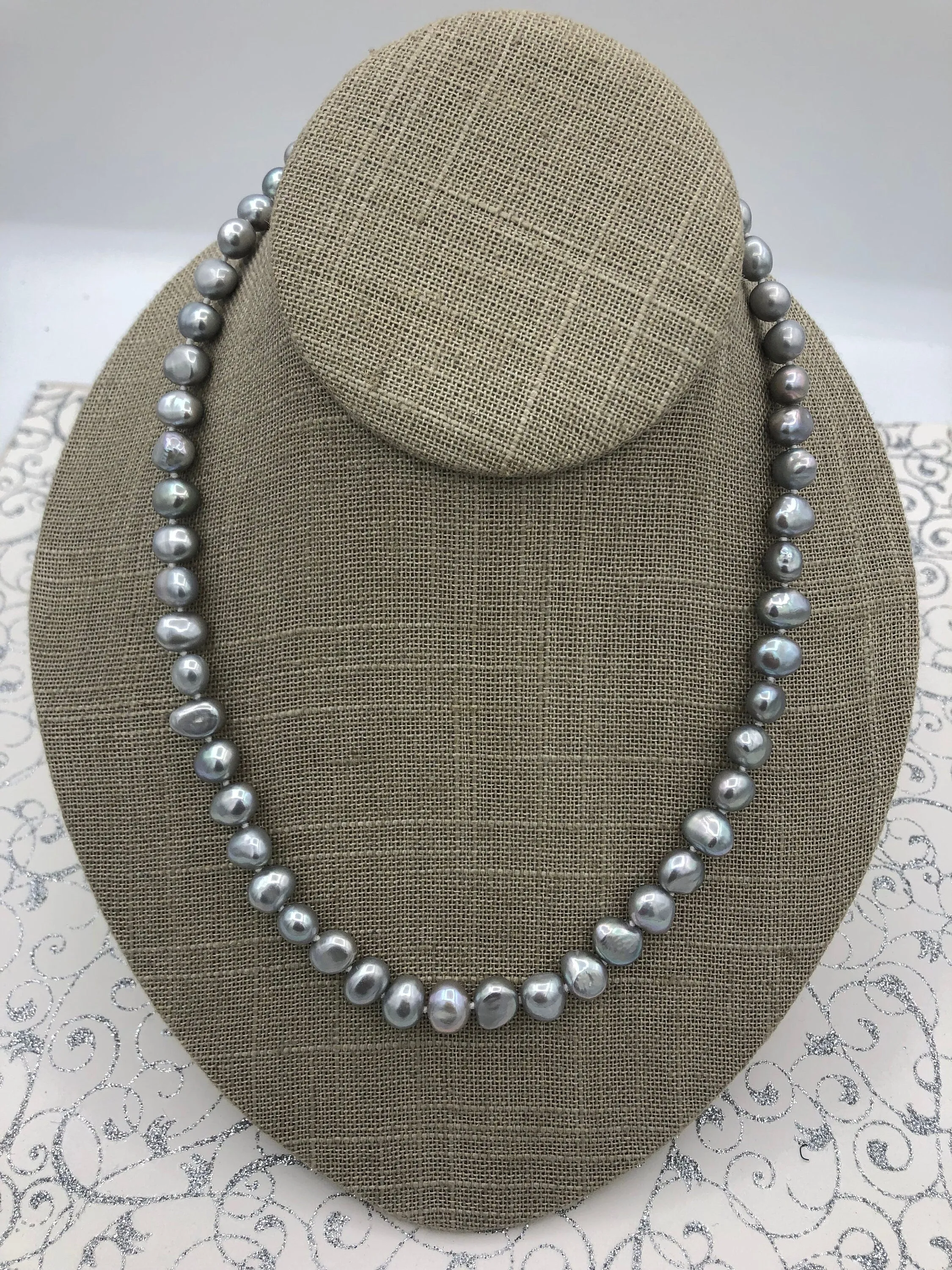 18'' AAA 8mm Gray Nugget Natural Freshwater Pearl Necklace, Silver Heart Clasp, Hand Knotted, High Luster Freshwater Pearl, Fast Shipping