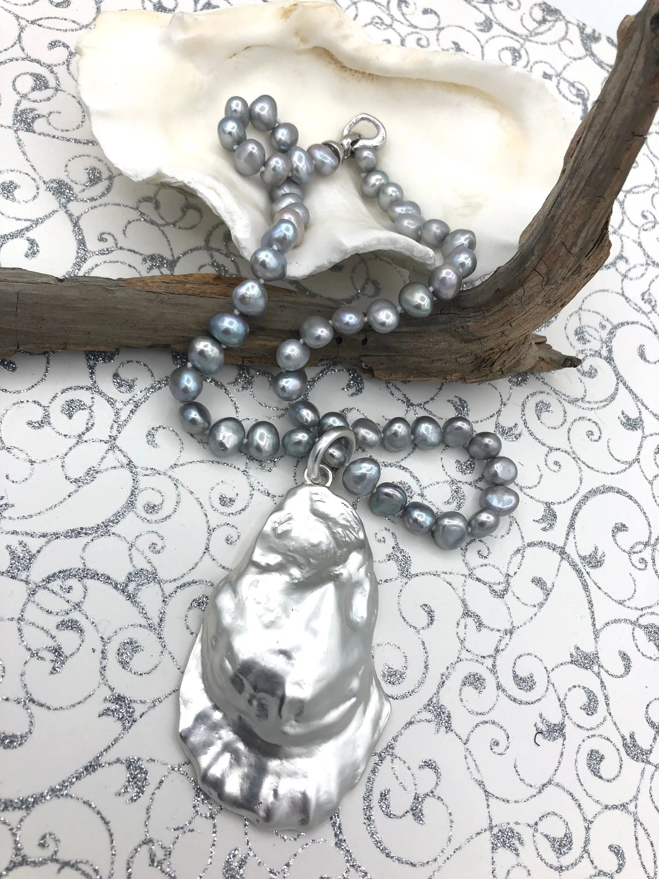 18'' AAA 8mm Gray Nugget Natural Freshwater Pearl Necklace, Silver Heart Clasp, Hand Knotted, High Luster Freshwater Pearl, Fast Shipping