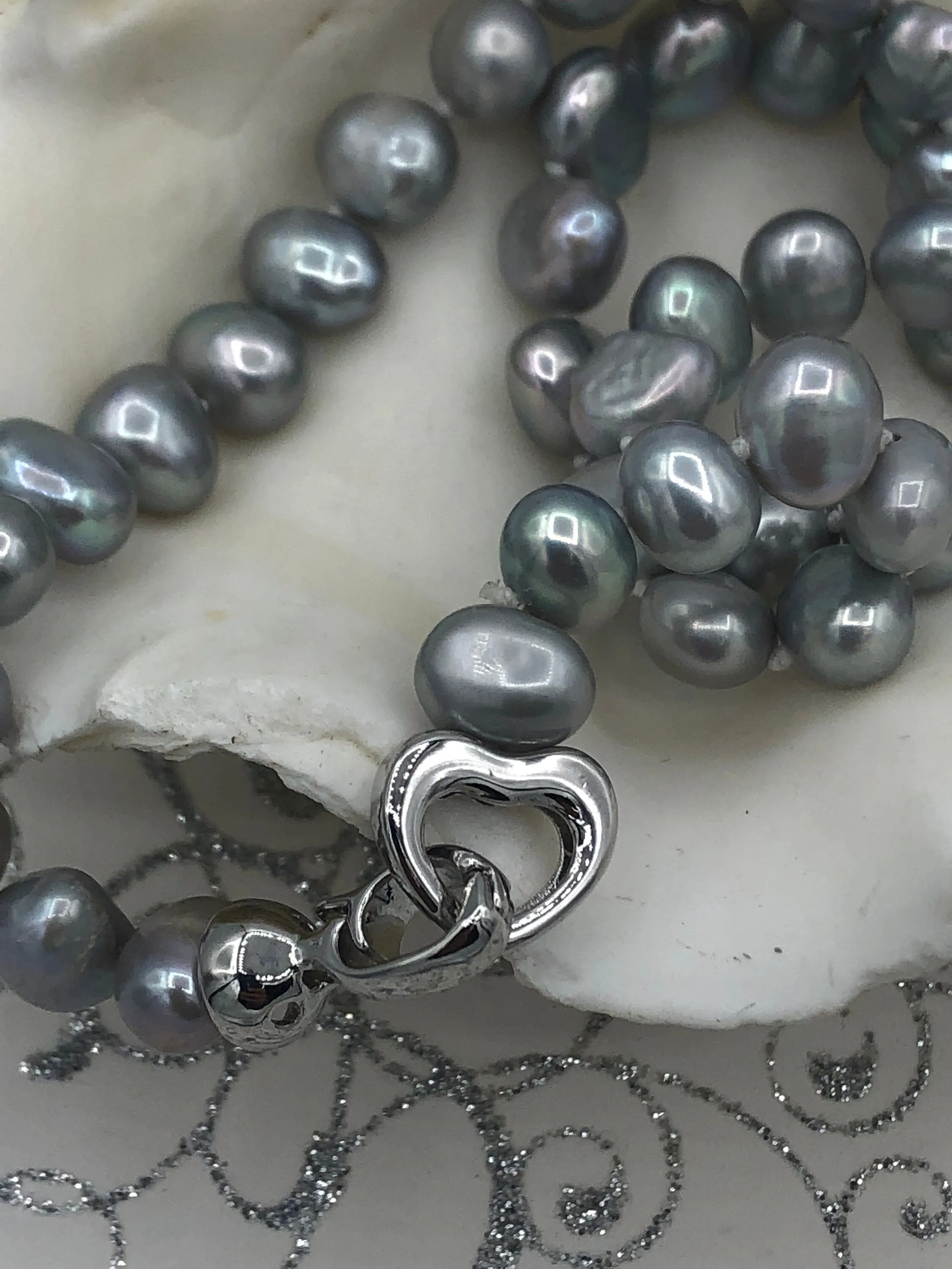 18'' AAA 8mm Gray Nugget Natural Freshwater Pearl Necklace, Silver Heart Clasp, Hand Knotted, High Luster Freshwater Pearl, Fast Shipping