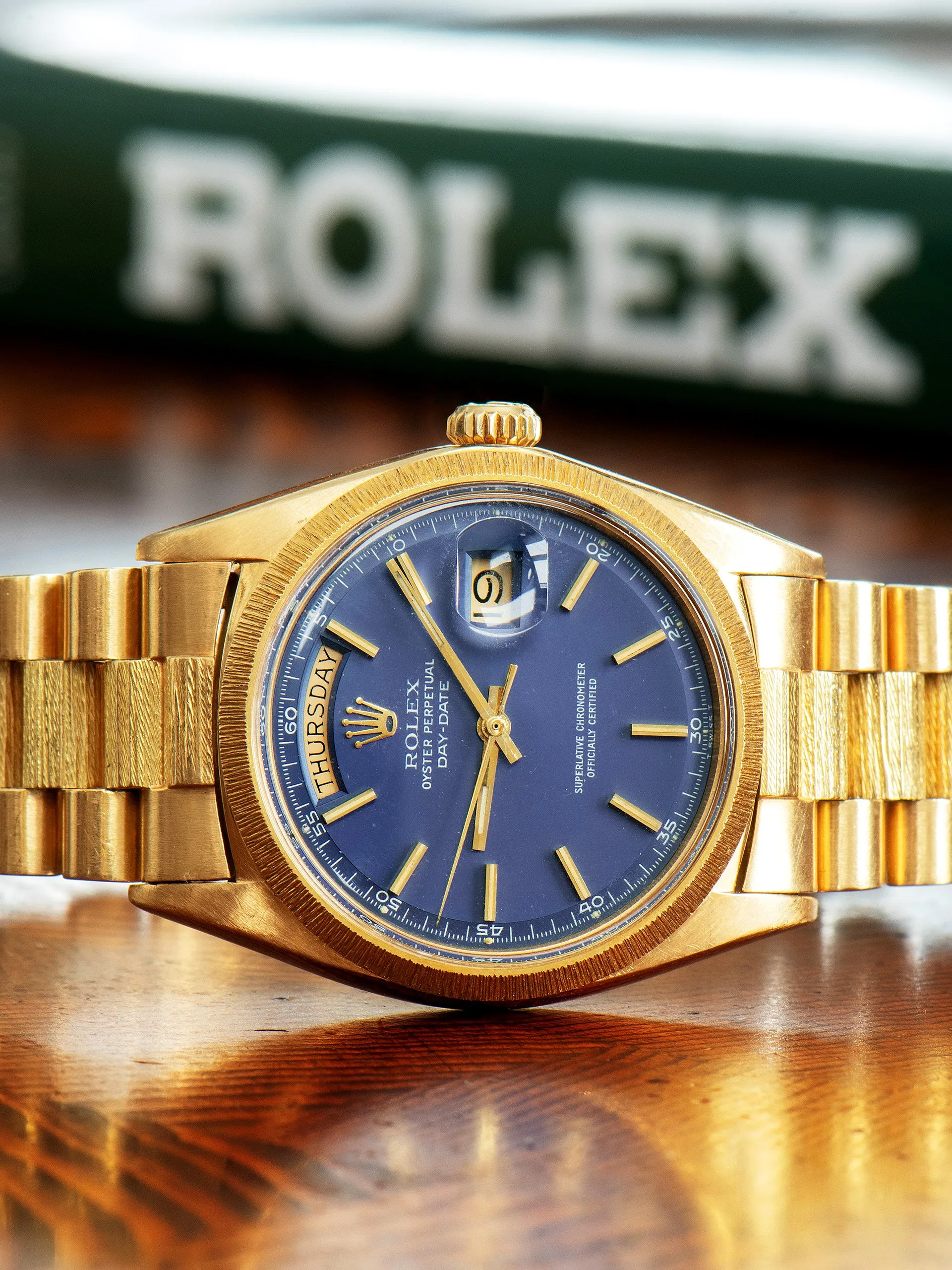 1972 Rolex Day-Date 18K YG "Bark" (Ref. 1807) Matte Blue "Minute Track" Dial