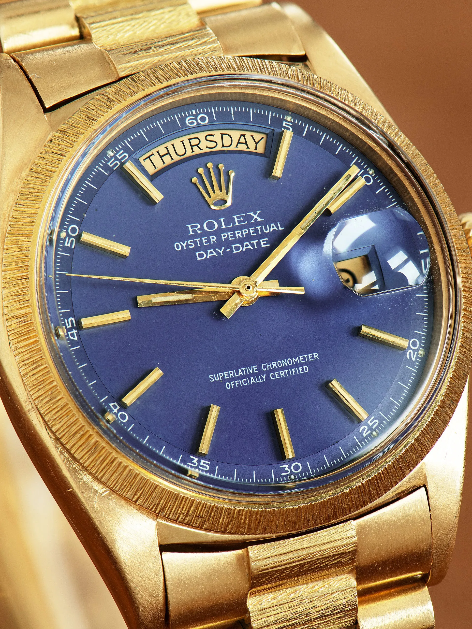 1972 Rolex Day-Date 18K YG "Bark" (Ref. 1807) Matte Blue "Minute Track" Dial