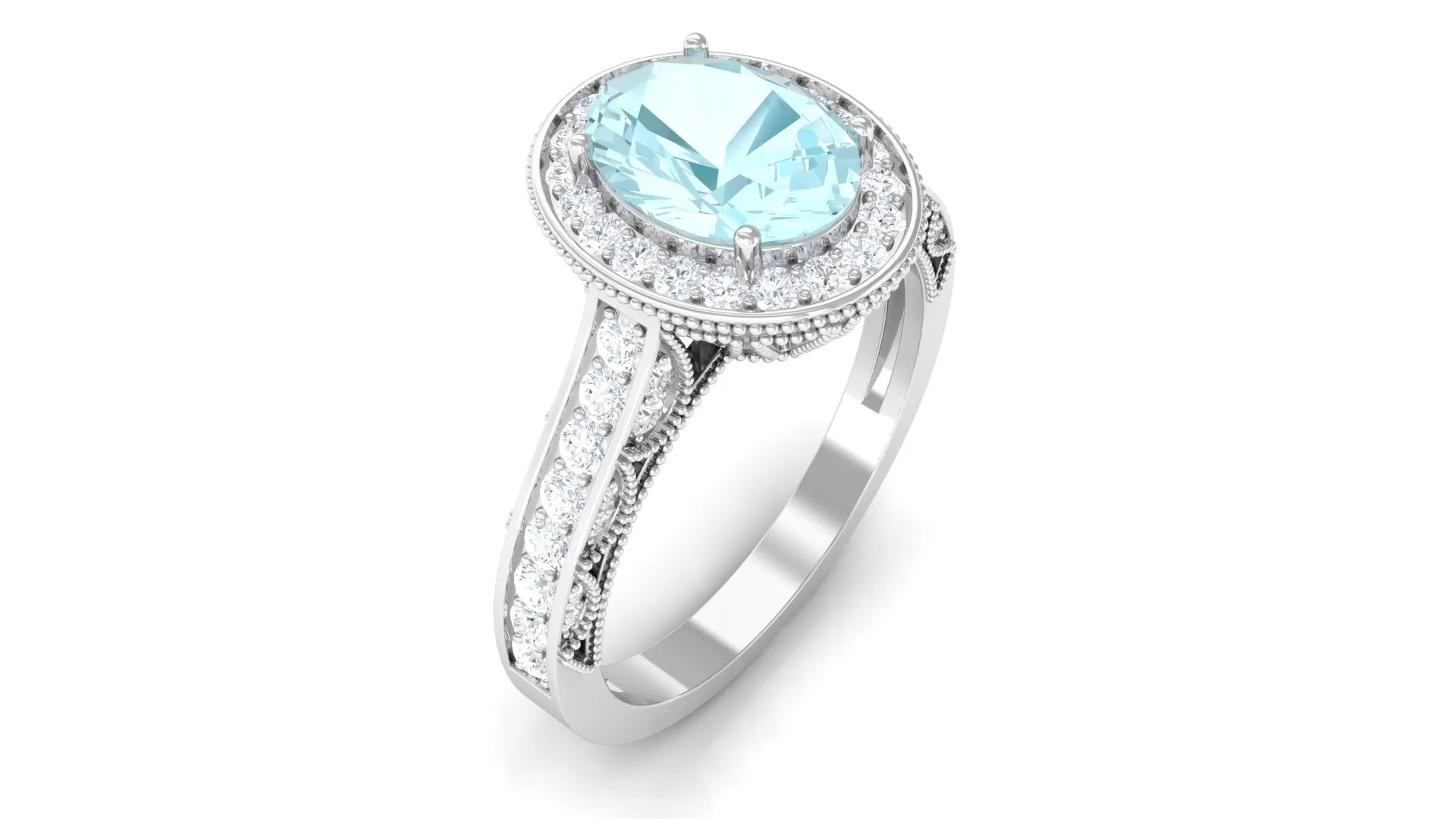 2 CT Oval Sky Blue Topaz Vintage Engagement Ring with Moissanite Halo