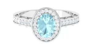 2 CT Oval Sky Blue Topaz Vintage Engagement Ring with Moissanite Halo