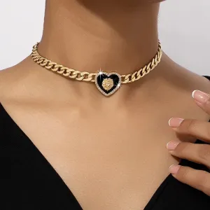 24 Karat Gold Plated Lion Head Enamel  Heart Shaped Amulet Collar Choker with Rhinestone for Woman