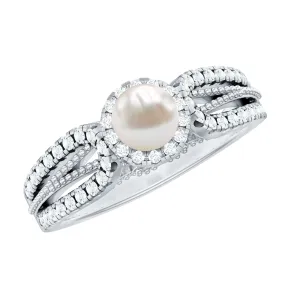 2.50 CT Freshwater Pearl and Diamond Engagement Ring with Beaded Gold