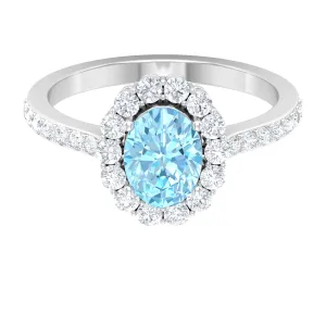 2.50 CT Oval Shape Solitaire Aquamarine and Moissanite Accent Engagement Ring