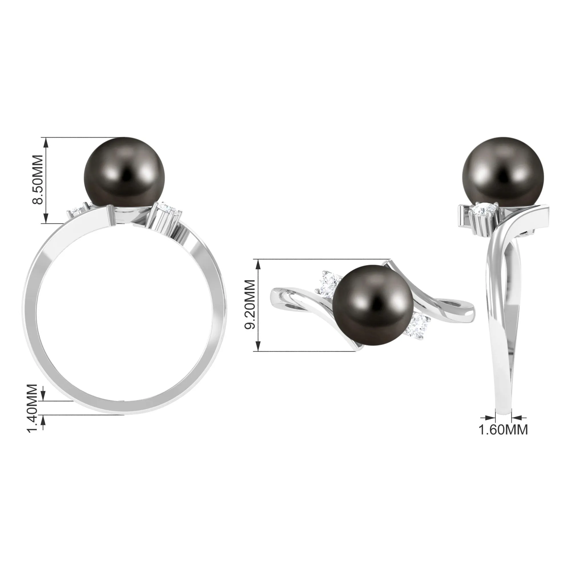 8.25 CT Bead Set Tahitian Pearl Solitaire and Diamond Bypass Ring