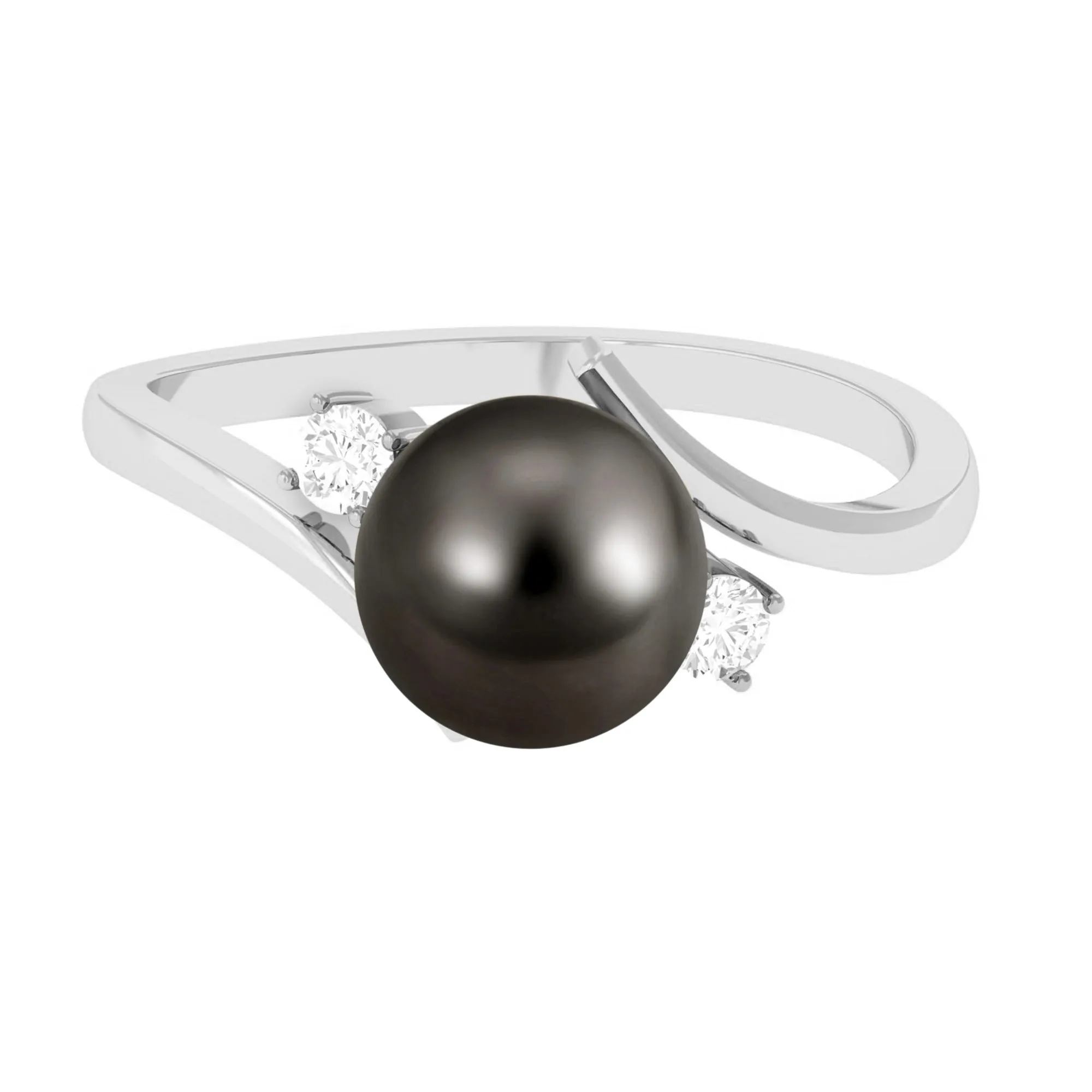 8.25 CT Bead Set Tahitian Pearl Solitaire and Diamond Bypass Ring