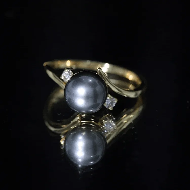 8.25 CT Bead Set Tahitian Pearl Solitaire and Diamond Bypass Ring