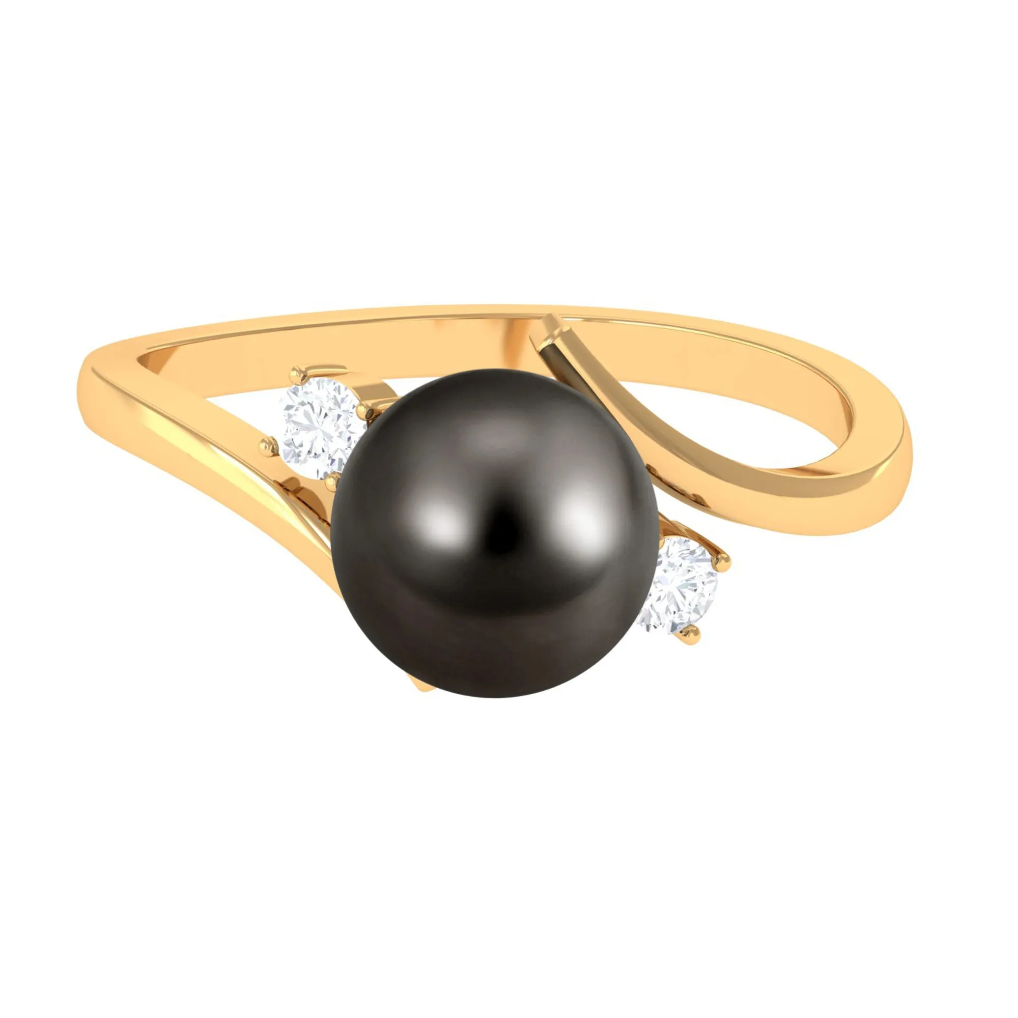 8.25 CT Bead Set Tahitian Pearl Solitaire and Diamond Bypass Ring