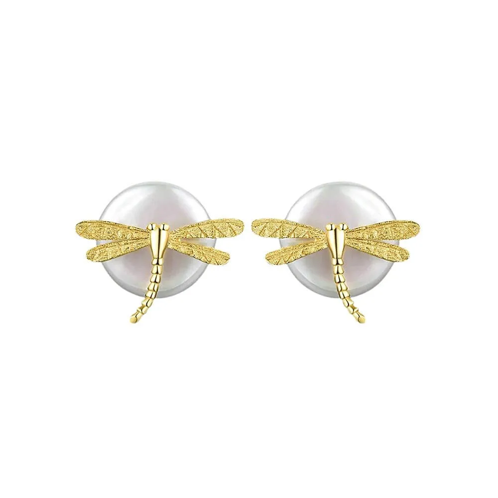 925 Silver Round Pearl Dragonfly Stud Earrings